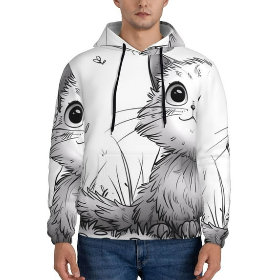 Honeii Cute Cat Meadow Sketch Pattern Mens Hoodies Men's Loose Sleeve Sweatshirt,Pullover Hooded Sweatshirt for Men,Essentials Hoodie-Small