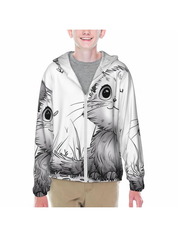 Cute Cat Meadow Sketch Print Sun Protection Jacket Hooded Cooling Shirt with Pockets Hiking Outdoor Performance-Small
