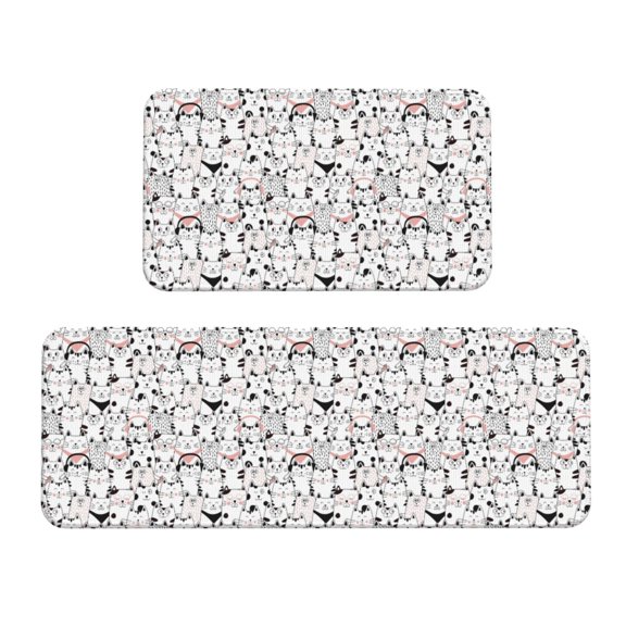 Honeii Cute Cat Print Kitchen Mat [2 PCS] for Floor, Waterproof Non-Slip Rugs, Kitchen Decor,Standing Mat for Floor,Office, Sink, Laundry
