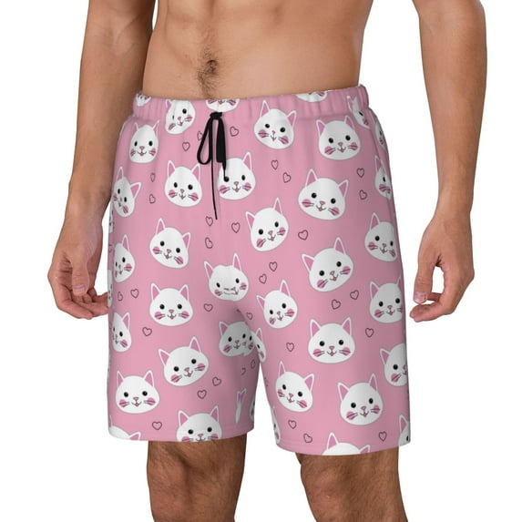 Honeii Cute Cat Print Men's Swim Shorts,Mens Swim Trunks,Breathable Mesh Beach Shorts for Swimming,Surfing, and Beach Activities-Small