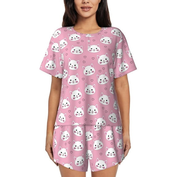 Honeii Cute Cat for Women's Summer Pajama Set featuring Soft Short Sleeve Shirt & Matching Bottoms with Convenient Pockets for Relaxed Home Wear-X-Large