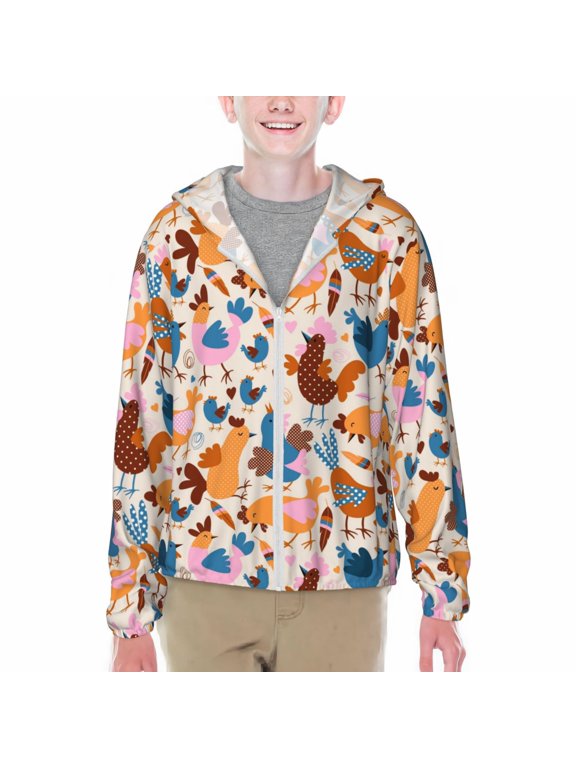 Cute Chickens Print Sun Protection Jacket Hooded Cooling Shirt with Pockets Hiking Outdoor Performance-Small