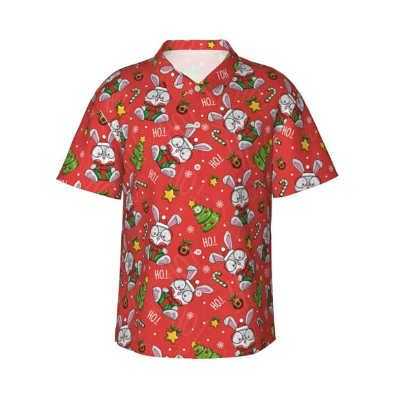 Honeii Cute Christmas Bunny Print Men’s Hawaiian Shirt,Classic Button-Down Short Sleeve Shirt, for Beach, Vacation, and Outdoor Activities,Small