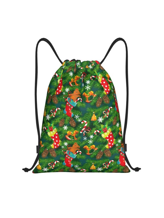 Cute Christmas Stocking Bear Print Drawstring Backpack,Drawstring Bags String Backpack Gym Cinch Sack Backpack Sport Bag Draw-Small