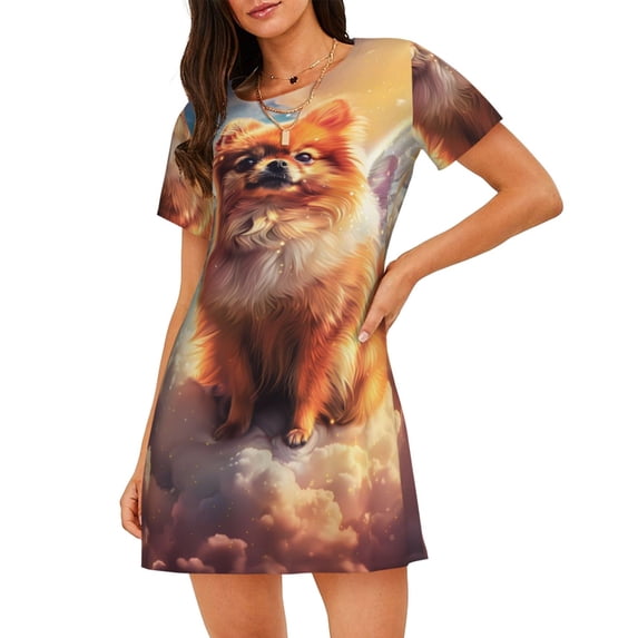 Honeii Cute Cloud Pomeranian Print Women's Loose Short Sleeve Nightgown, Soft Cotton Sleepwear, Comfy Loose Fit Pajama Dress for Sleep and Lounge
