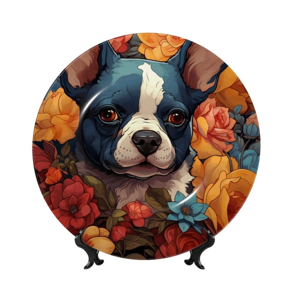 Honeii Cute Colorful Flower French Bulldog Print Elegant Bone China Decorative Plate, Porcelain Plate,Art Crafts,Ceramic Ornaments for Home Office Wall Decor-10in