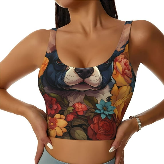 Honeii Cute Colorful Flower French Bulldog patten Workout Crop Tank Top for Women Yoga Tank Tops Athletic Sports Shirts Exercise Undershirts,Sports Bra,Sports vest-X-Large