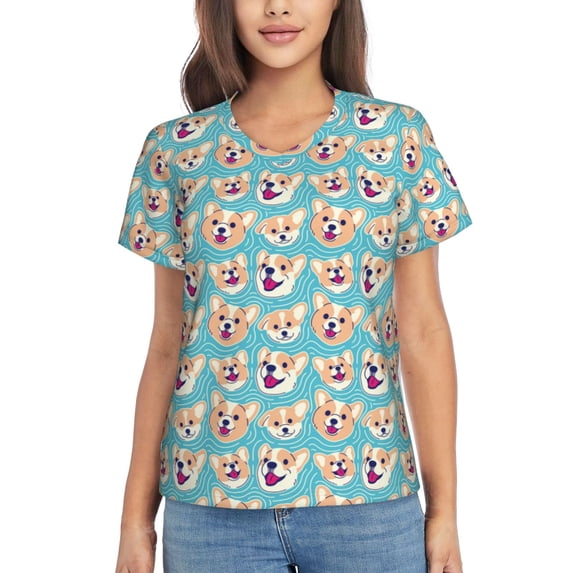 Honeii Cute Corgi Head Print Women's Classic V-Neck T-Shirt,Womens Fashion Tops,Stylish Everyday Top for Women, Casual Summer Spring Outfits Clothes-XX-Large