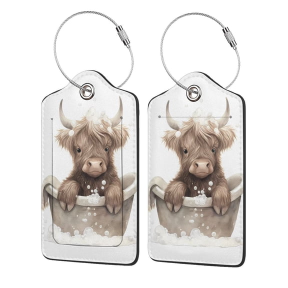 Honeii Cute Cow Bath Print Leather Luggage Tag for Suitcases,ID Tags,Bag Tags for Luggage,Functional Travel Tag-1