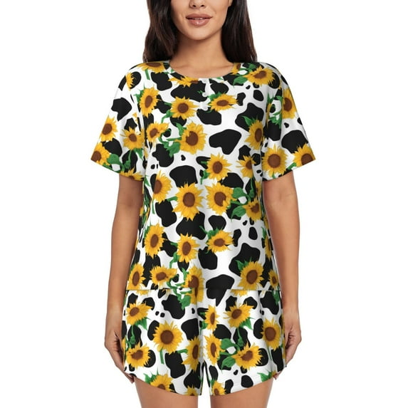 Honeii Cute Cow Print Sunflower C for Women's Summer Pajama Set featuring Soft Short Sleeve Shirt & Matching Bottoms with Convenient Pockets for Relaxed Home Wear-XX-Large