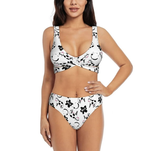 Honeii Cute Cow and Milk Stains Print Women’s Bikini Set,Two Piece Swimsuit Bathing Suits,Stylish High Elasticity Swimwear for Beach and Pool