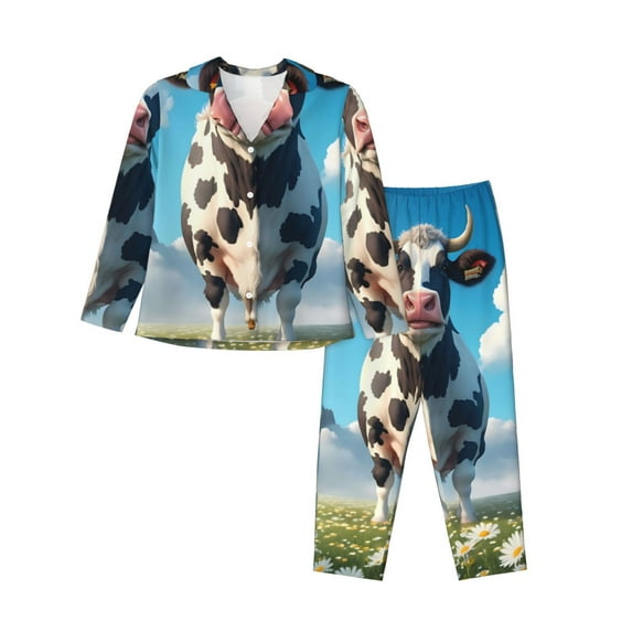 Honeii Cute Daisy Cow A print Women's Pajama Sets Long Sleeve Button Down Sleepwear Nightwear Soft Pjs Lounge Sets-Small
