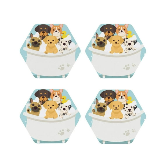 Honeii Cute Dog In Bathtub print Leather Coaster Set of 4, ideal for safeguarding your furniture from drinks spills and effortless cleanup-Hexagon