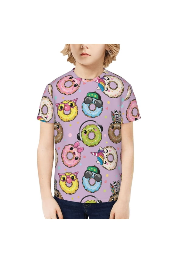 Cute Donuts Print Kids Boy T-Shirt,Breathable Round Neck Tee,Stylish Summer Tee for Boys, for Outdoor Activities and Casual Wear