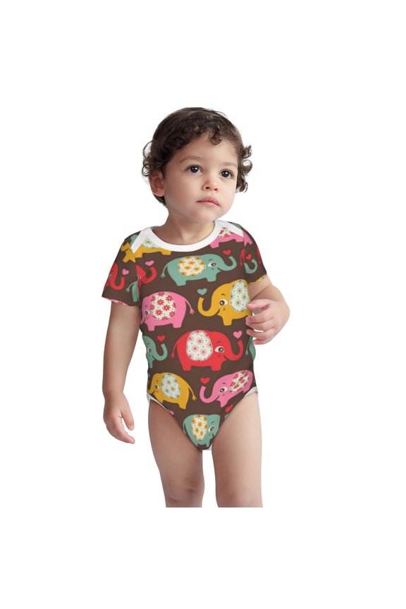 Cute Elephants Pattern unisex-baby Short-sleeve Bodysuit,One-piece Bodysuit 100% Organic Cotton-3 Months