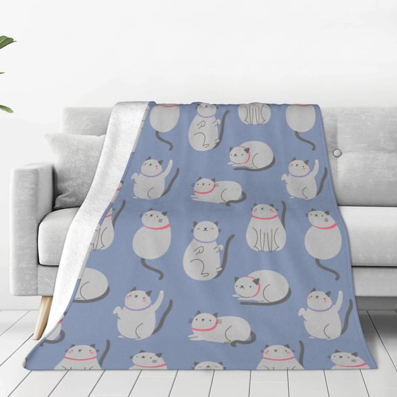 Honeii Cute Fat Cat Print Fleece Blanket - Throw Blanket for Bed, Sofa, Couch, Camping, and Travel , Microplush Ultra Soft Warm Blanket-60"x50"