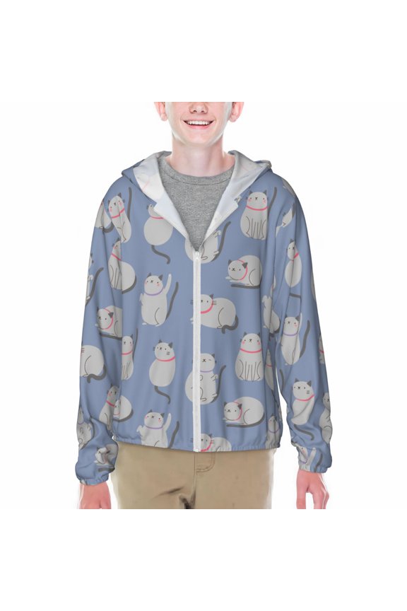 Cute Fat Cat Print Sun Protection Jacket Hooded Cooling Shirt with Pockets Hiking Outdoor Performance-Small