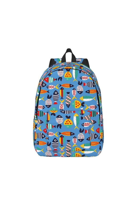 Cute Flat Fish Print Canvas College Laptop Backpack, Durable Rucksack Travel Notebook Bag School Backpack Book Bag for Men Women-Medium