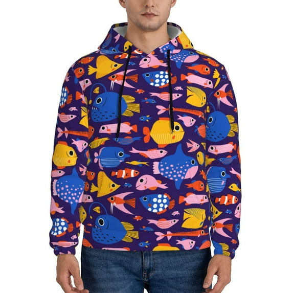 Honeii Cute Flat Hand Drawn Fishes Pattern Mens Hoodies Men's Loose Sleeve Sweatshirt,Pullover Hooded Sweatshirt for Men,Essentials Hoodie-Large