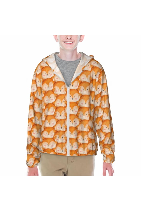 Cute Fox Faces Pattern Print Sun Protection Jacket Hooded Cooling Shirt with Pockets Hiking Outdoor Performance-X-Large