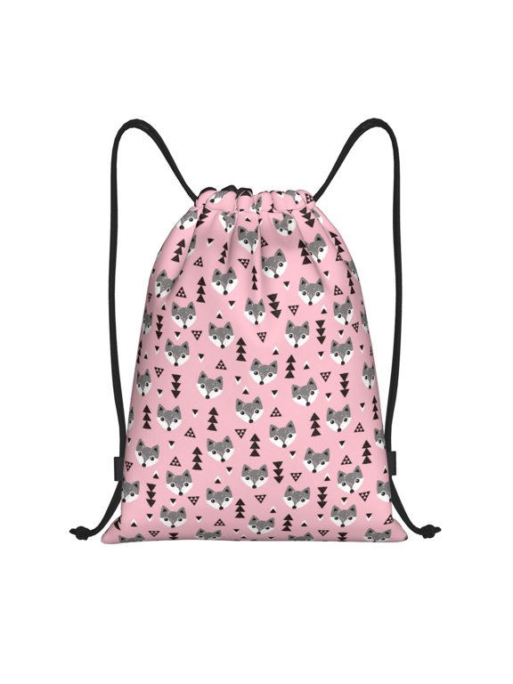 Cute Fox Pink Tree Print Drawstring Backpack,Drawstring Bags String Backpack Gym Cinch Sack Backpack Sport Bag Draw-Small