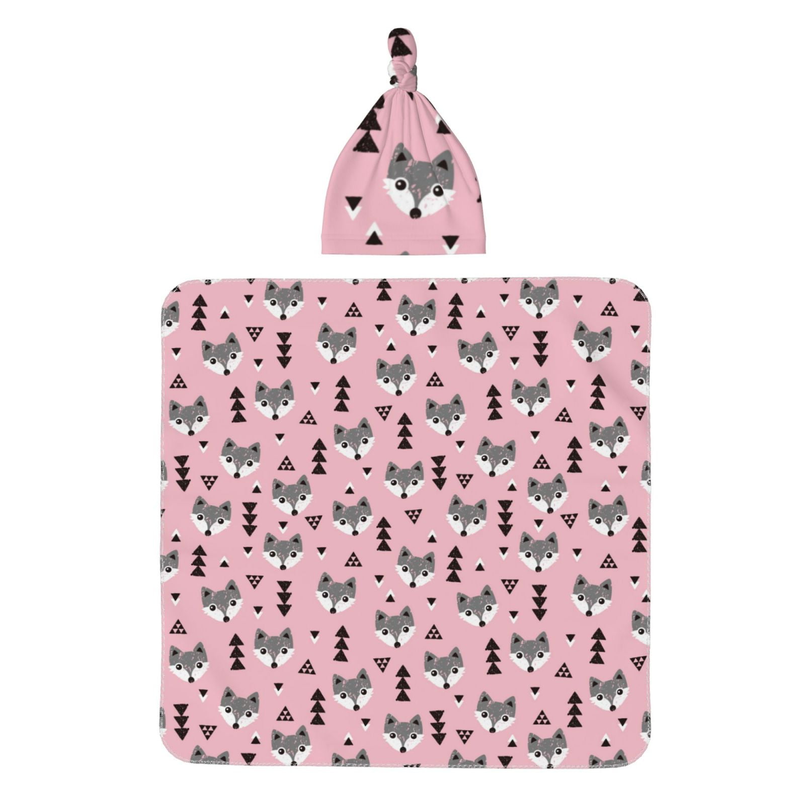 Honeii Cute Fox Pink Tree Print Swaddle Blanket and Hat Set Newborn