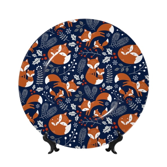 Honeii Cute Foxes Print Elegant Bone China Decorative Plate, Porcelain Plate,Art Crafts,Ceramic Ornaments for Home Office Wall Decor-8in