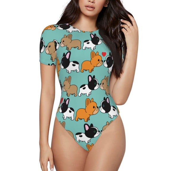 Honeii Cute French Bulldog Print Women's Crew Neck Short Sleeve Bodysuit Fashion T-shirt Tops-Large