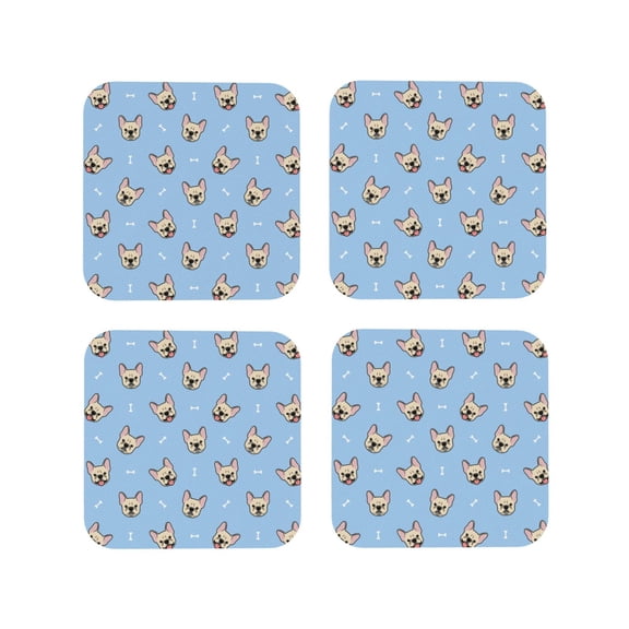 Honeii Cute French Bulldog print Leather Coaster Set of 4, ideal for safeguarding your furniture from drinks spills and effortless cleanup-Square