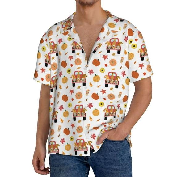 Honeii Cute Gnomes In Red Truck for Men's Short-Sleeved Button-Up Collared Shirt Featuring A Pocket, Perfect for Beach Vacations, And Travel Adventures.-Medium