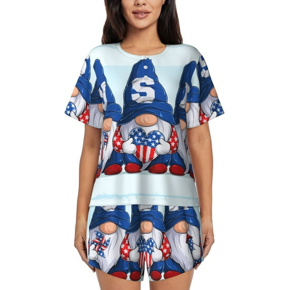 Honeii Cute Gnomes in USA for Women's Summer Pajama Set featuring Soft Short Sleeve Shirt & Matching Bottoms with Convenient Pockets for Relaxed Home Wear-X-Large