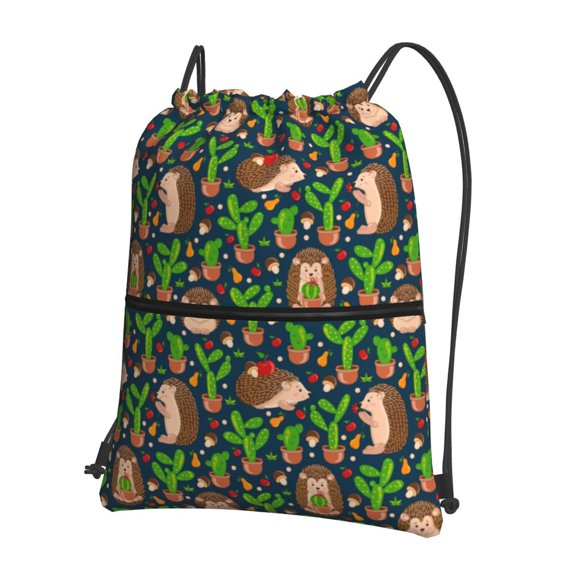 Honeii Cute Hedgehogs Cactus Blue Print Drawstring Backpack,String Bag,Sackpack Cinch Water Resistant Nylon for Gym Shopping Sport Yoga