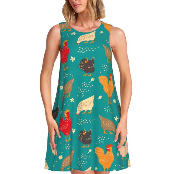 Honeii Cute Hens And Rooster Print Women's Sleeveless Dress, Loose Fit Casual Dress for Women, Summer Fashion Dress