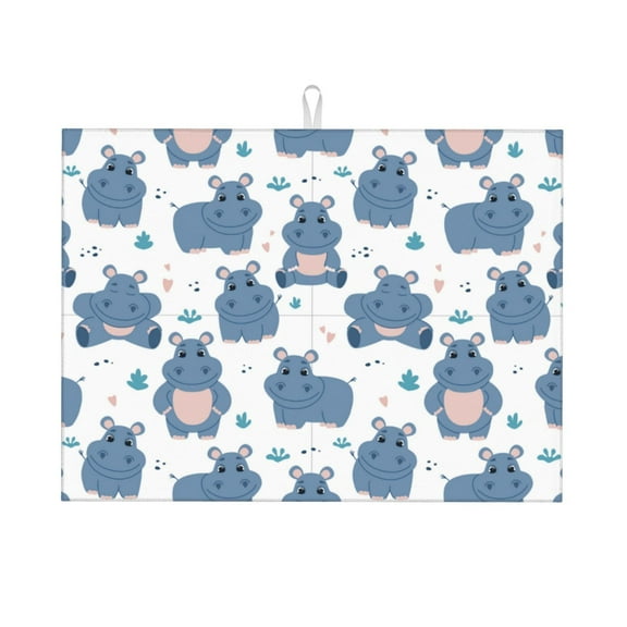 Honeii Cute Hippos Print Kitchen Drying Mat Coffee Bar Mat Hide Stain Coffee Maker Mat for Countertops Coffee Pot Dish Drying Mat