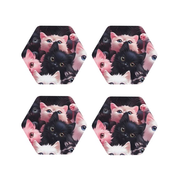 Honeii Cute Kittens Group Portrait Print Leather Coaster Set of 4, Ideal for Safeguarding Your Furniture from Drinks Spills and Effortless Cleanup-Hexagon