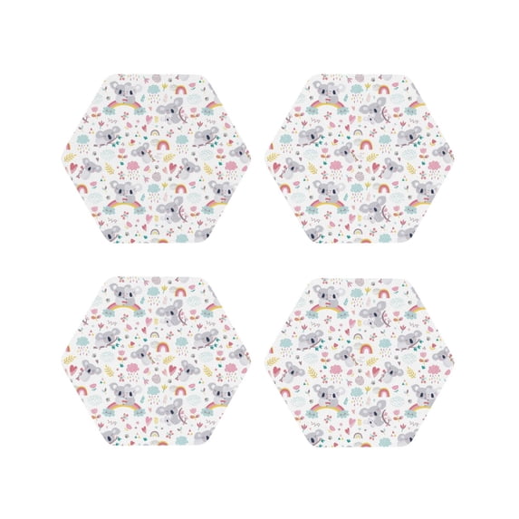 Honeii Cute Koala print Leather Coaster Set of 4, ideal for safeguarding your furniture from drinks spills and effortless cleanup-Hexagon
