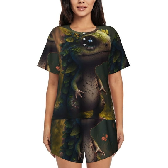 Honeii Cute Leaf Animal for Women's Summer Pajama Set featuring Soft Short Sleeve Shirt & Matching Bottoms with Convenient Pockets for Relaxed Home Wear-Large