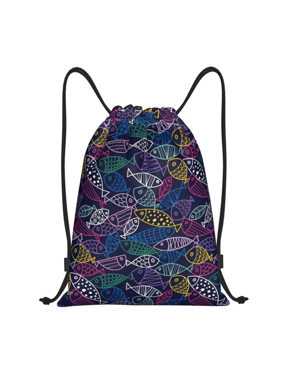 Cute Line Fish Print Drawstring Backpack,Drawstring Bags String Backpack Gym Cinch Sack Backpack Sport Bag Draw-Medium