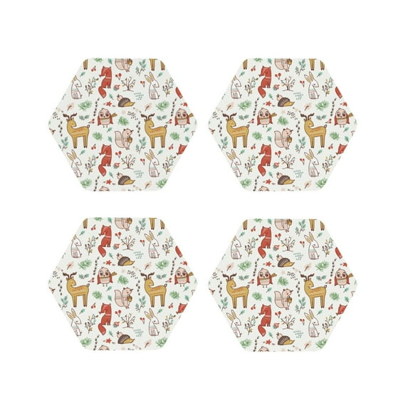 Honeii Cute Little Animals print Leather Coaster Set of 4, ideal for safeguarding your furniture from drinks spills and effortless cleanup-Hexagon
