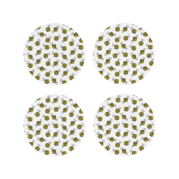 Honeii Cute Little Bee print Leather Coaster Set of 4, ideal for safeguarding your furniture from drinks spills and effortless cleanup-Round Shape