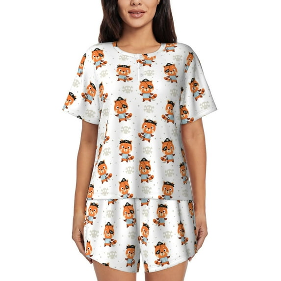 Honeii Cute Little Pirate Red Panda for Women's Summer Pajama Set ,Soft Short Sleeve Shirt & Matching Bottoms,Loungewear,2PCS Sleepwear Relaxed Home Wear-XX-Large