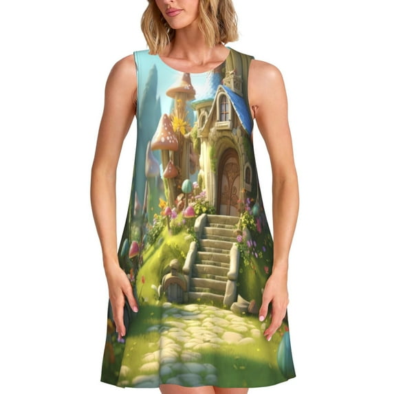 Honeii Cute Mushroom Town A Print Women's Sleeveless Dress, Loose Fit Casual Dress for Women, Summer Fashion Dress