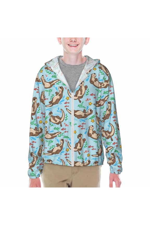 Cute Otters Print Sun Protection Jacket Hooded Cooling Shirt with Pockets Hiking Outdoor Performance-Small