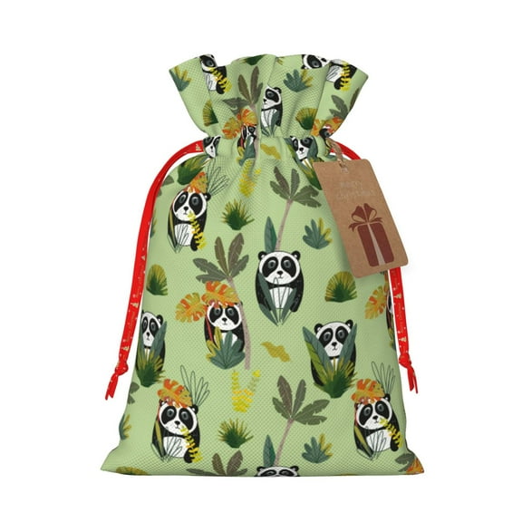 Honeii Cute Panda Bear In Greenery Forest Print Small Burlap Bags,Christmas Drawstring Treat Bags Gift Bags Reusable Candy Goodie Wrapping Bags for Holiday Party Favors Supplies -Small