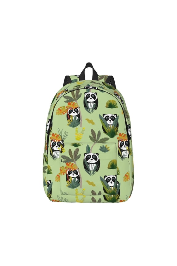 Cute Panda Bear In Greenery Forest Print Canvas College Laptop Backpack, Durable Rucksack Travel Notebook Bag School Backpack Book Bag for Men Women-Medium