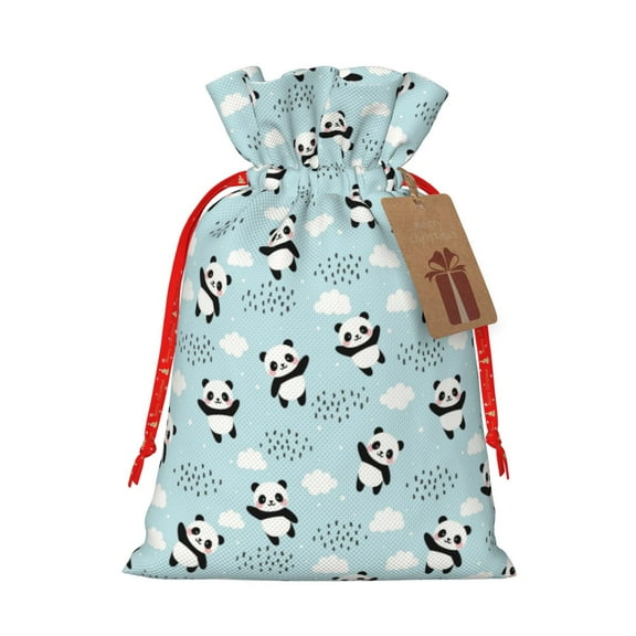 Honeii Cute Panda Bear Print Small Burlap Bags,Christmas Drawstring Treat Bags Gift Bags Reusable Candy Goodie Wrapping Bags for Holiday Party Favors Supplies -Small