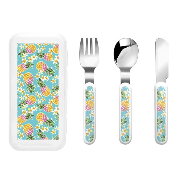 Honeii Cute Pineapples Print Children's Knife, Fork And Spoon Set,Reusable Utensils Set with Case,Travel Cutlery Set,for Kids Adults Camping