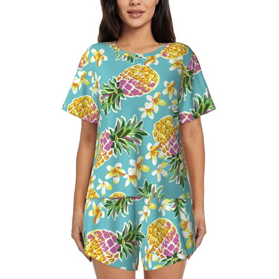 Honeii Cute Pineapples for Women's Summer Pajama Set featuring Soft Short Sleeve Shirt & Matching Bottoms with Convenient Pockets for Relaxed Home Wear-Medium