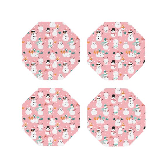 Honeii Cute Pink Snowman Cat Print Leather Coaster Set of 4, Ideal for Safeguarding Your Furniture from Drinks Spills and Effortless Cleanup-Octagon