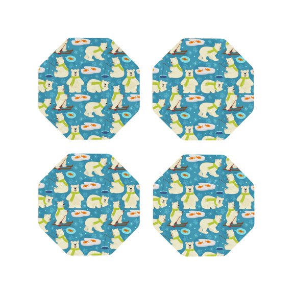 Honeii Cute Polar Bear Fishing Print Leather Coaster Set of 4, Ideal for Safeguarding Your Furniture from Drinks Spills and Effortless Cleanup-Octagon